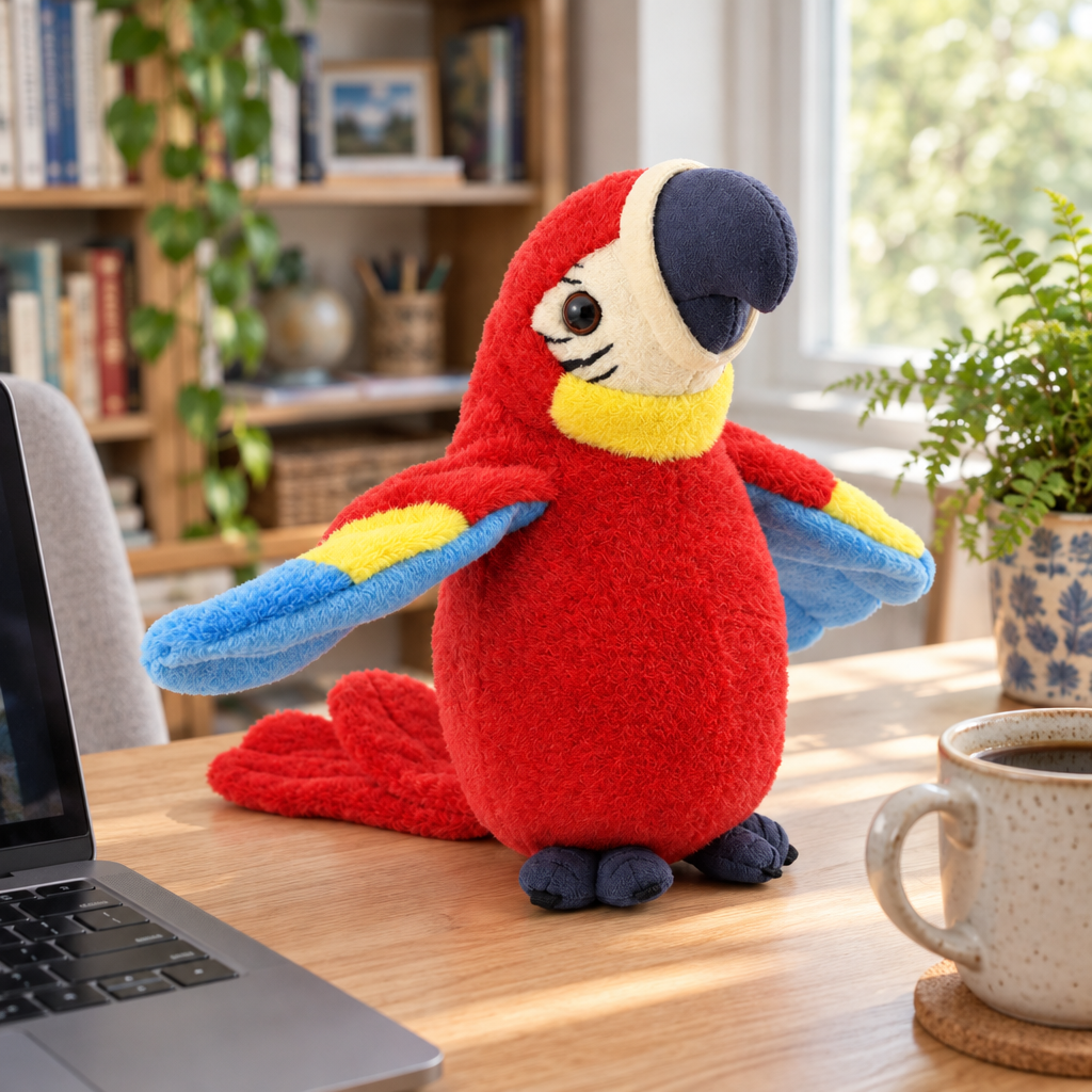 Red talking macaw plush standing on a wooden desk next to a laptop and a coffee mug