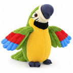 Green and yellow talking macaw parrot plush with spread wings on a white background