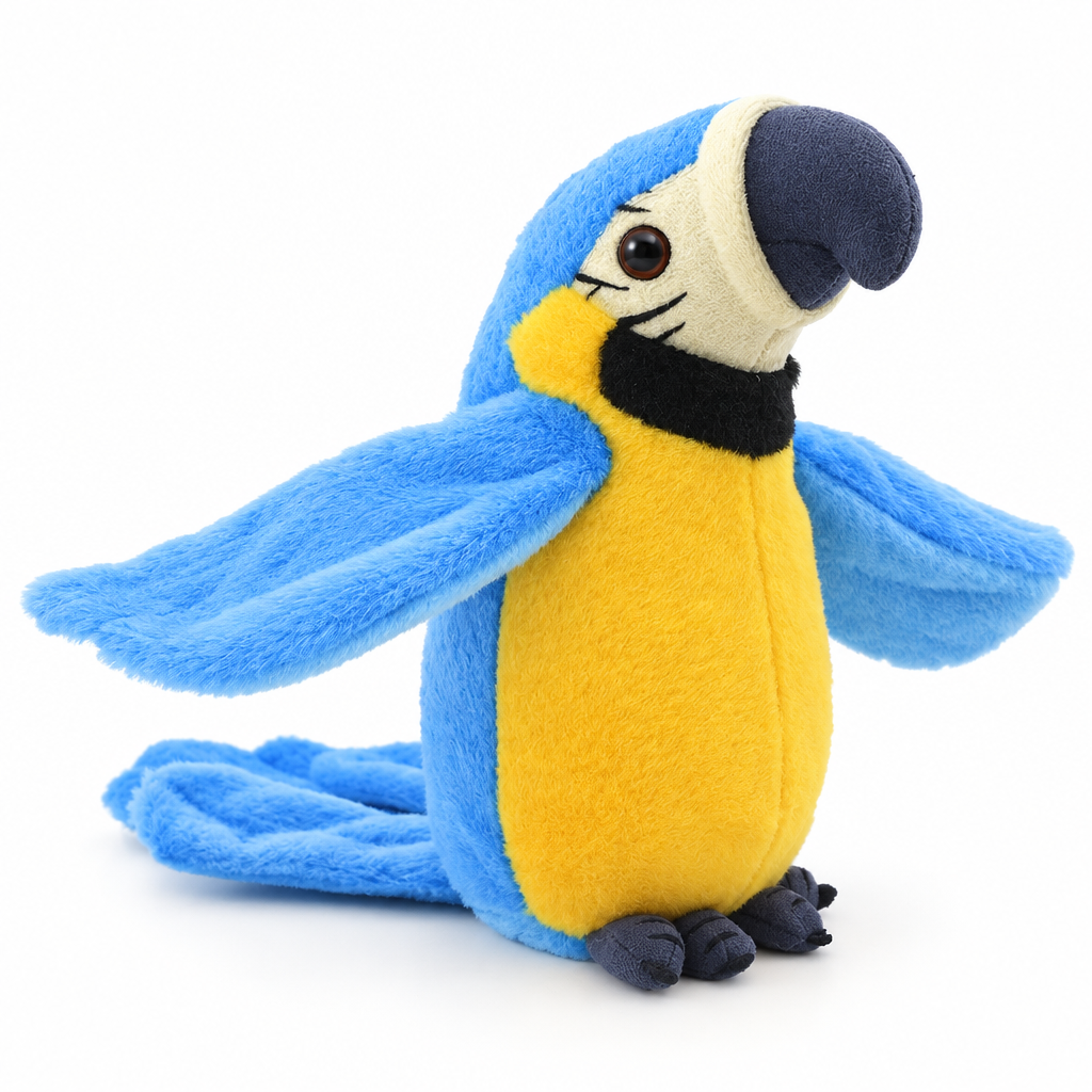 Blue and gold talking macaw parrot plush with spread wings on a white background