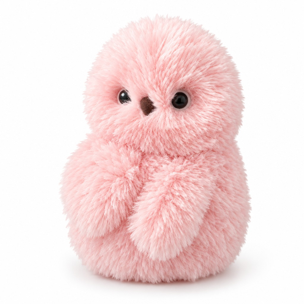 Fluffy pink talking owl plush on a white background