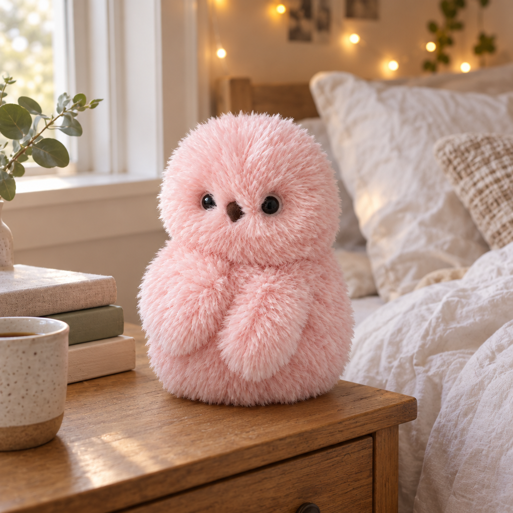 Fluffy pink owl plush sitting on a wooden nightstand in a cozy bedroom