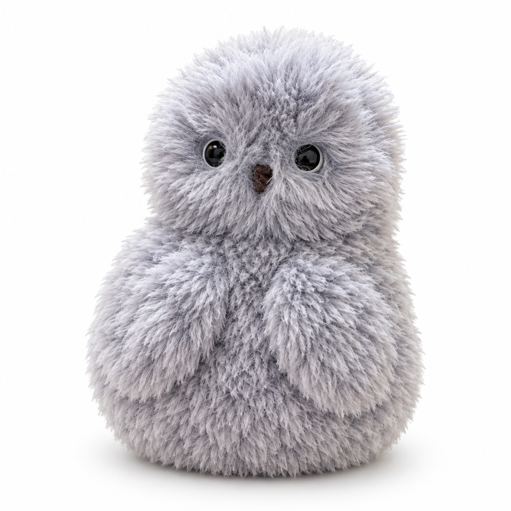 Fluffy lavender-gray talking owl plush on a white background