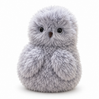 Fluffy lavender-gray talking owl plush on a white background