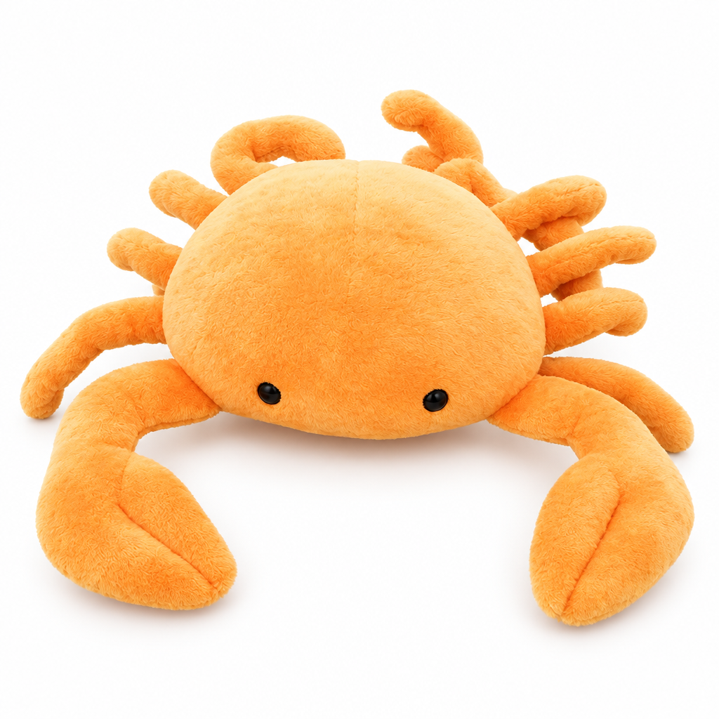 Golden orange crab plush with big claws on a white background