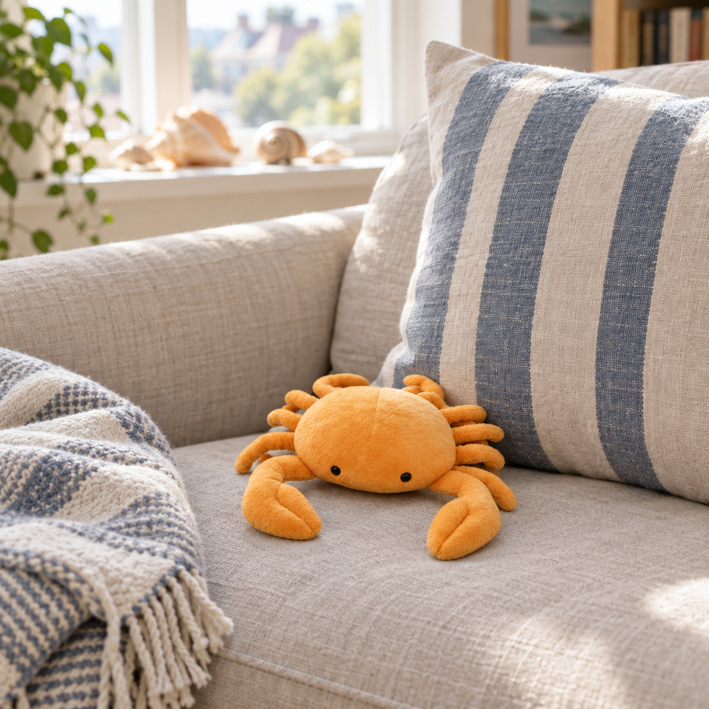 Orange crab plush sitting on a linen sofa in a sunny living room