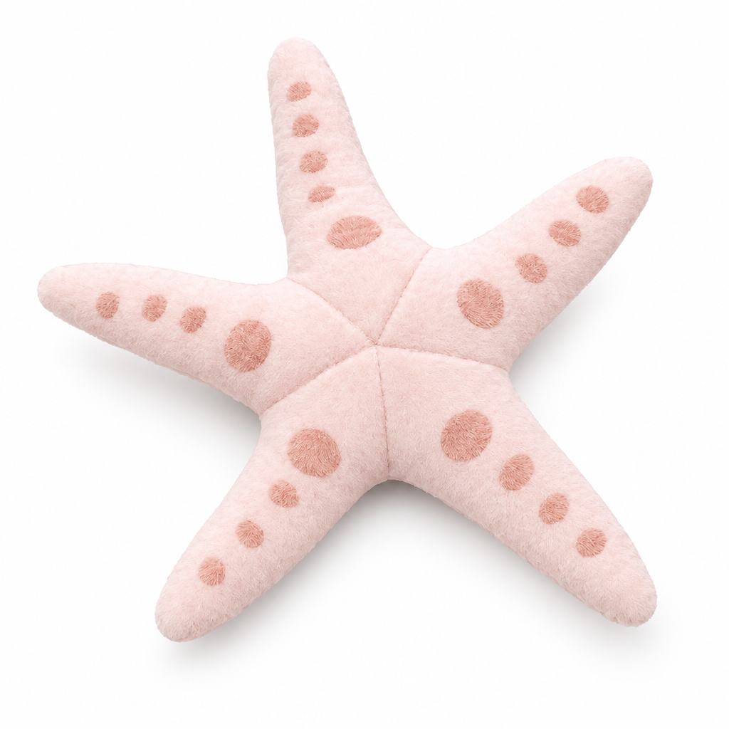 Pale pink starfish plush with raised dots on a white background