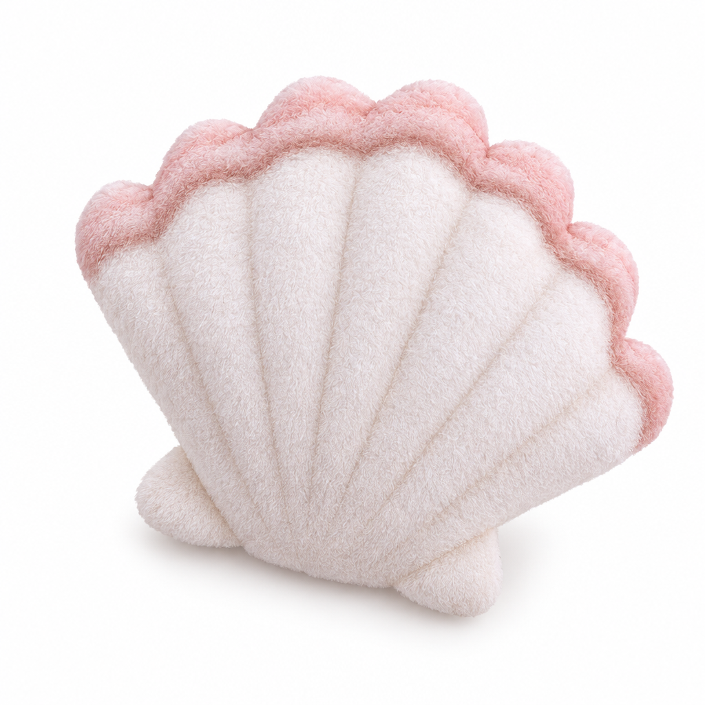 Cream and pink scallop shell plush on a white background