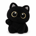 Tiny black cat plush with big golden-rimmed eyes on a white background