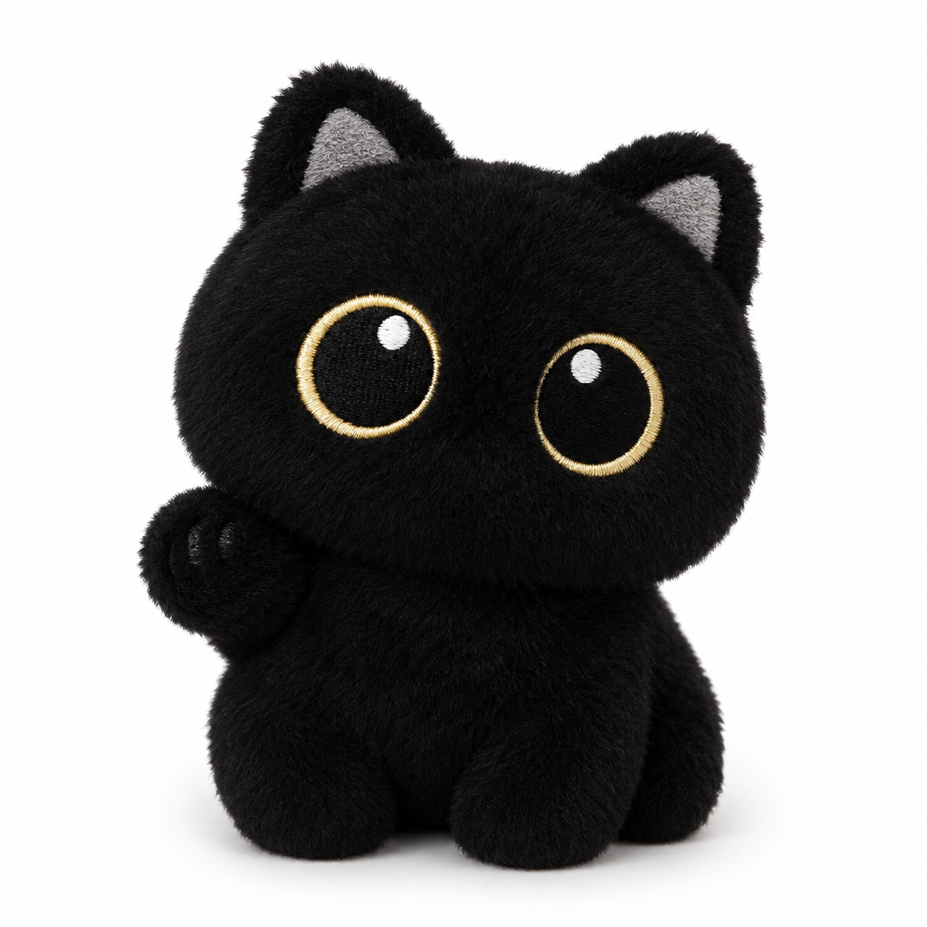 Tiny black cat plush with big golden-rimmed eyes on a white background