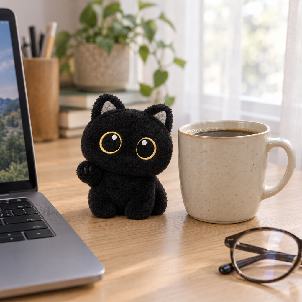 Tiny black cat plush sitting on a wooden desk next to a coffee mug