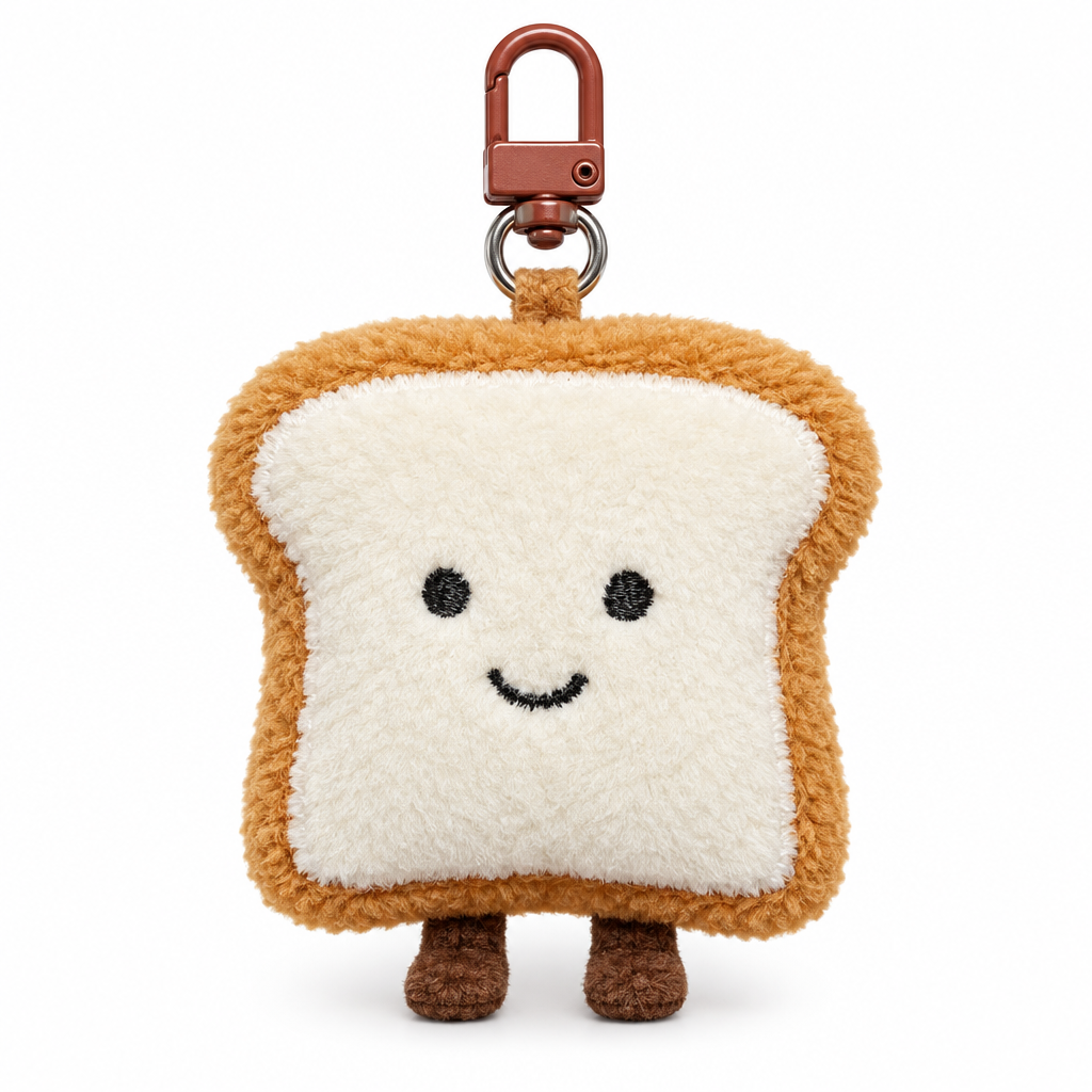 Smiling toast slice plush keychain on a white background
