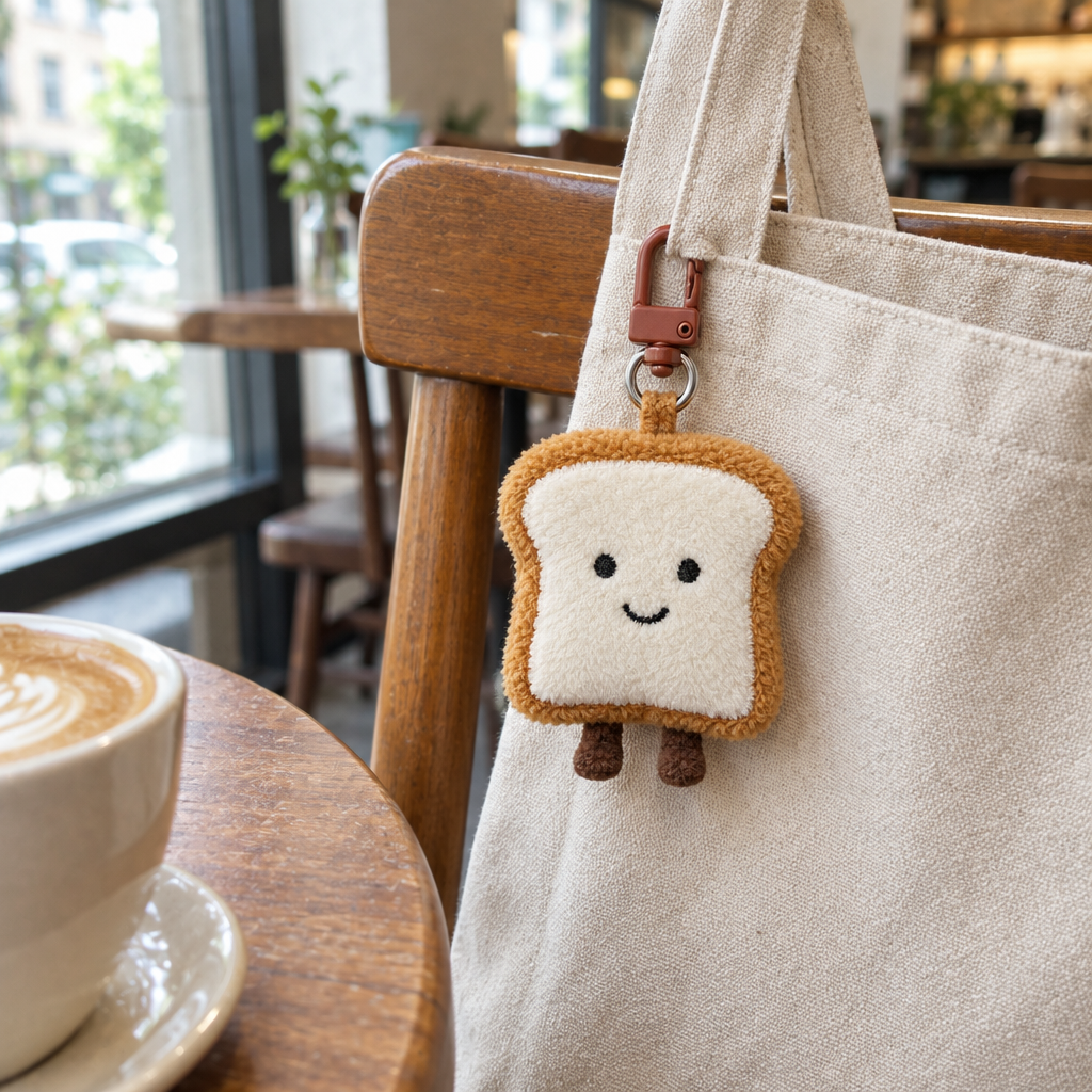 Toast plush keychain clipped to a canvas tote bag on a cafe chair