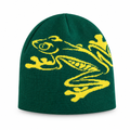 Forest green knit beanie with a yellow tree frog design on a white background