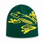 Forest green knit beanie with a yellow tree frog design on a white background