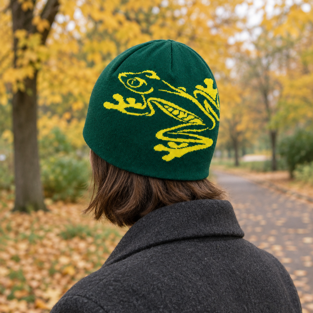 Adult seen from behind wearing the green tree frog beanie on an autumn park path