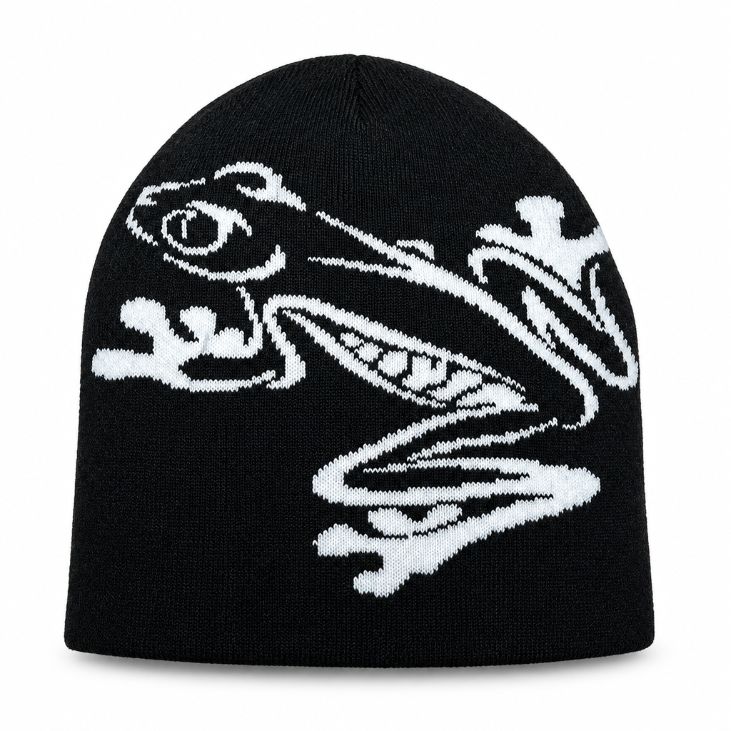 Black knit beanie with a white tree frog design on a white background