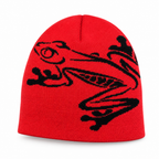 Red knit beanie with a black tree frog design on a white background