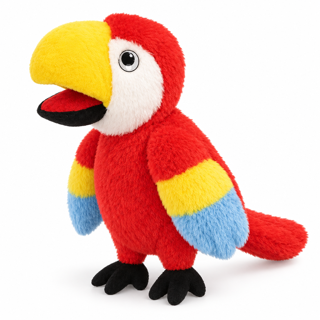 Red scarlet macaw hand puppet with yellow and blue wings on a white background