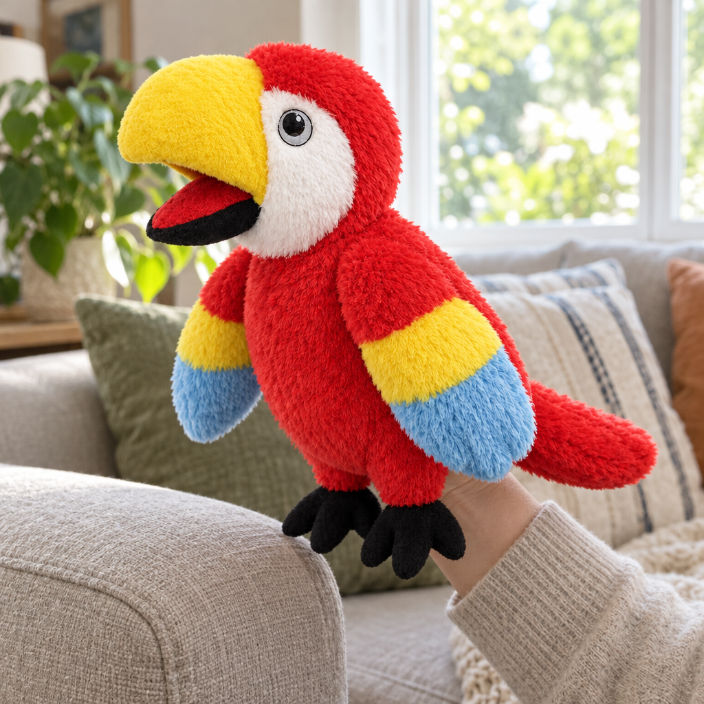 Adult hand wearing a red scarlet macaw hand puppet beside a sofa