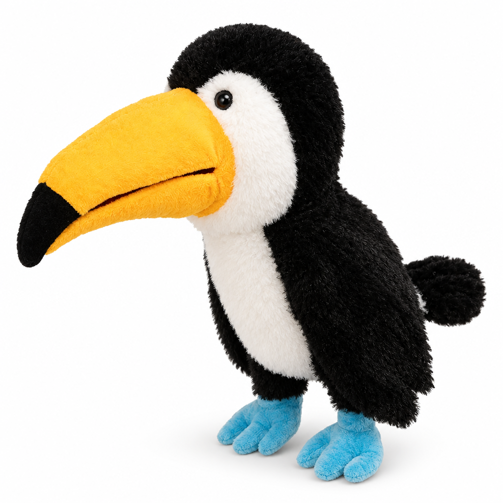 Black and white toucan hand puppet with a big yellow beak on a white background