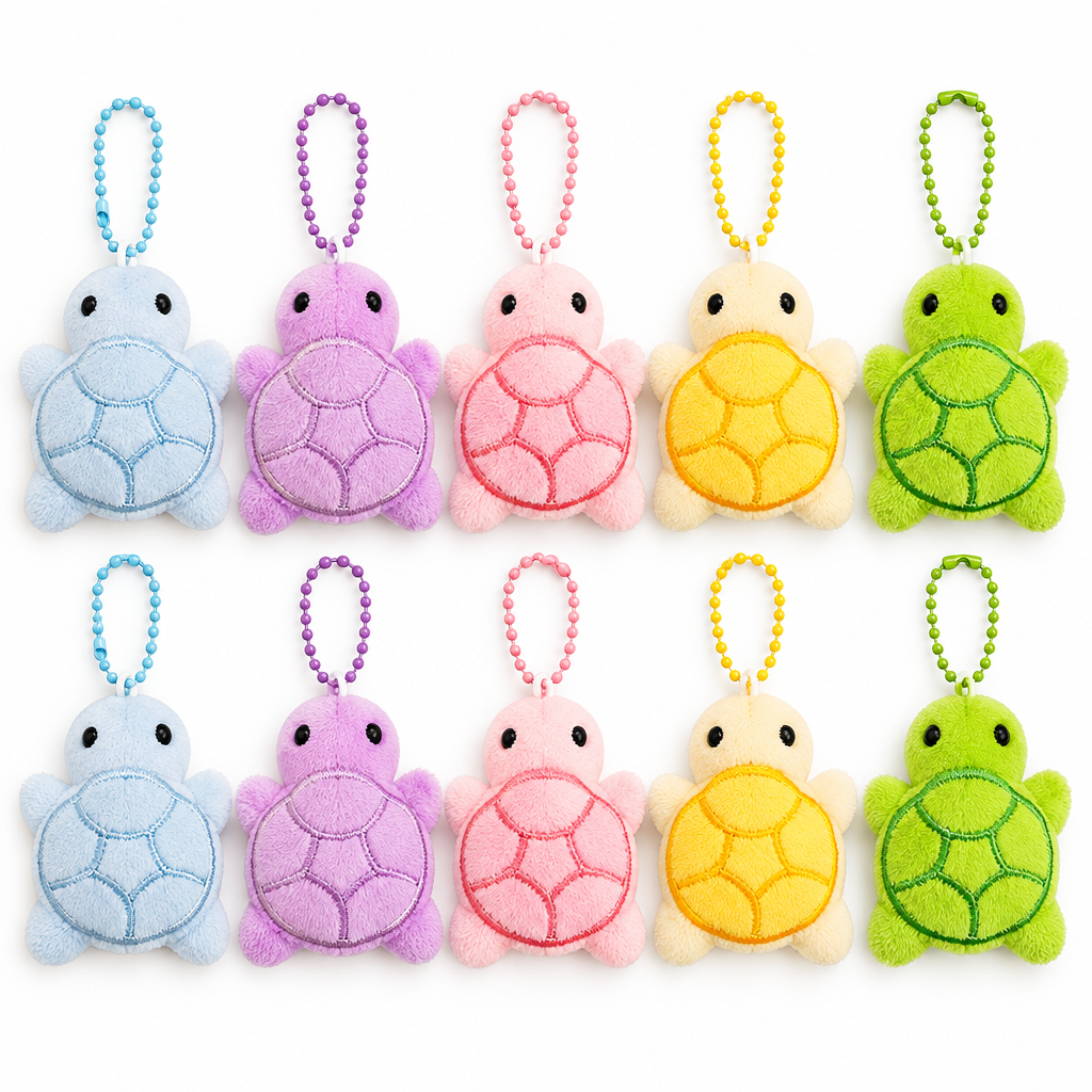 Ten pastel plush turtle keychains laid out in two rows on a white background