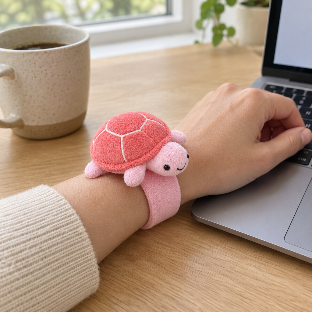 Pink plush turtle slap bracelet worn on an adult wrist at a desk