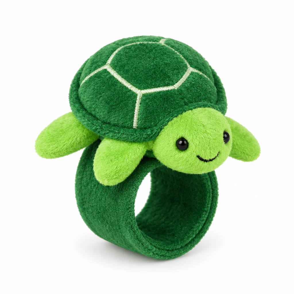 Green plush turtle slap bracelet on a white background