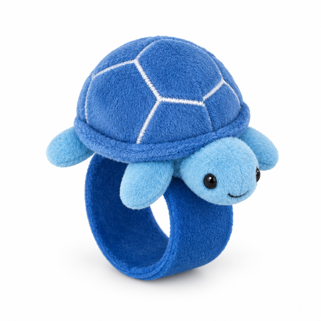 Blue plush turtle slap bracelet on a white background