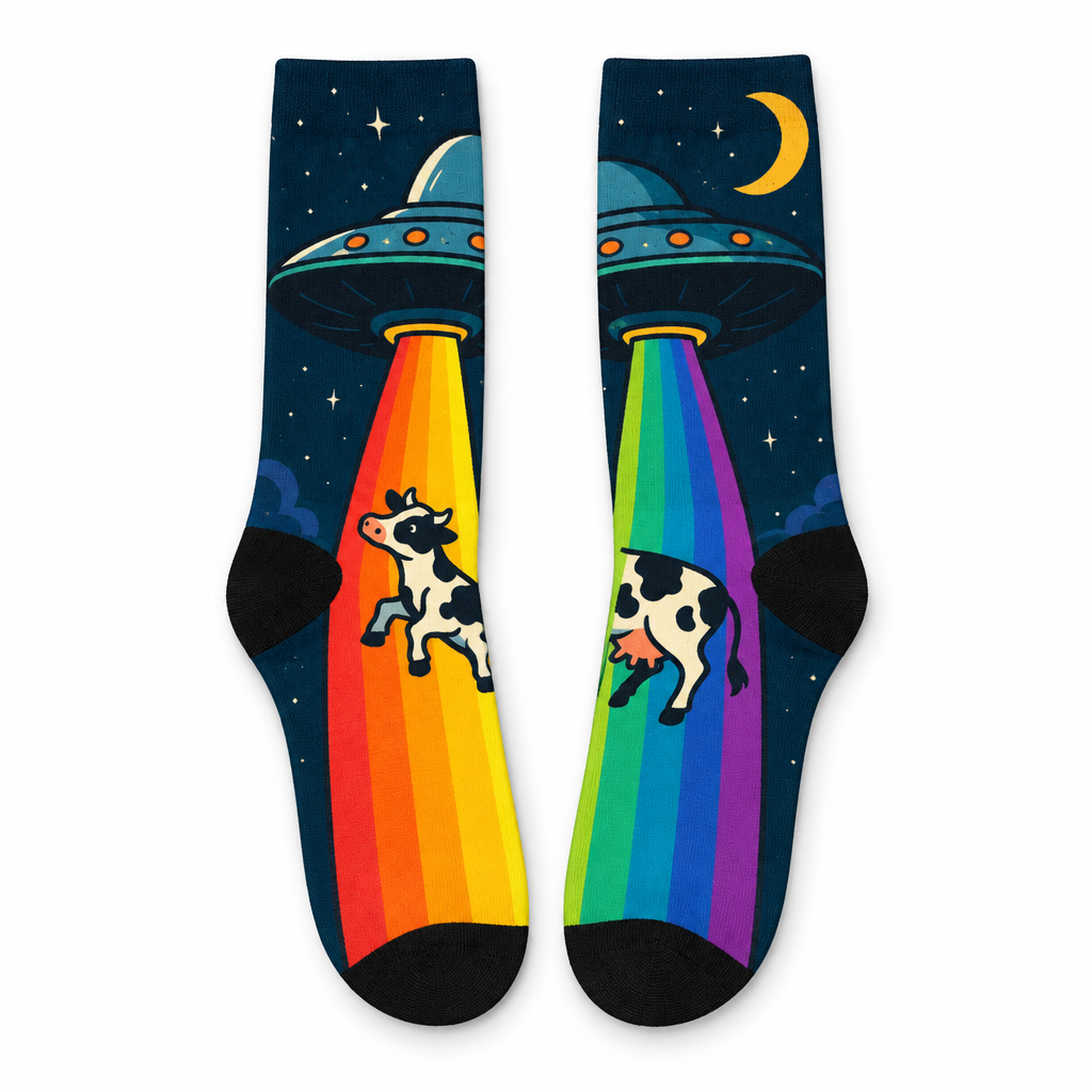 UFO cow crew socks with rainbow beams on a white background