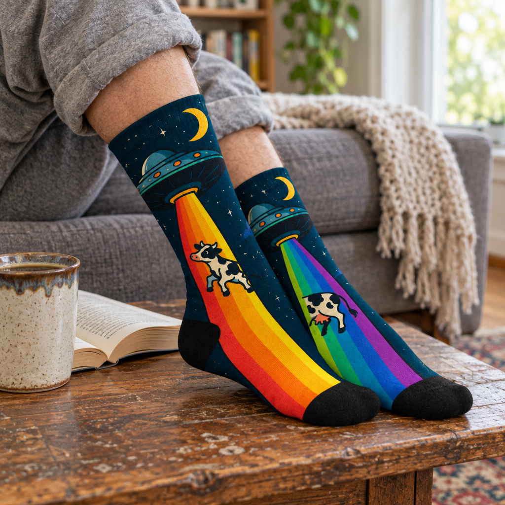 Adult feet in UFO cow socks resting on a wooden coffee table