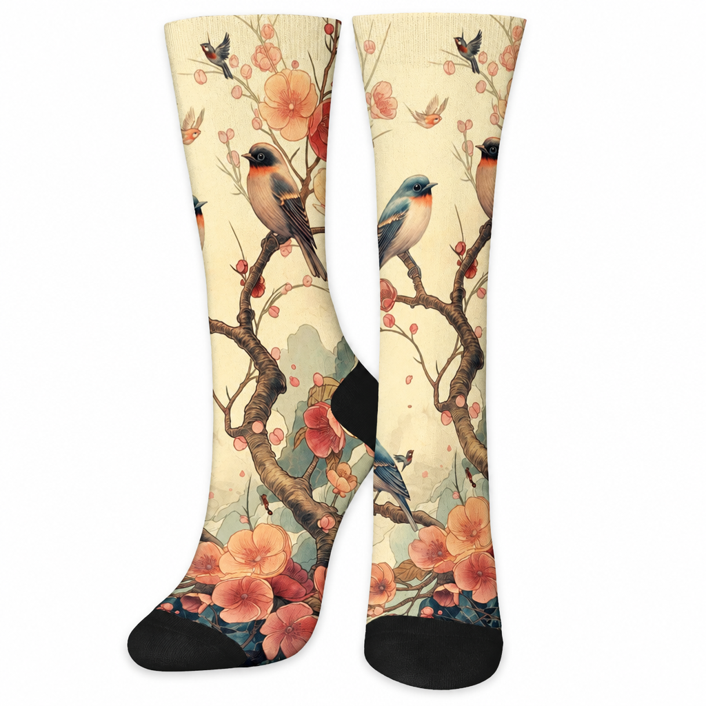 Cream crew socks printed with songbirds on peach blossom branches on a white background