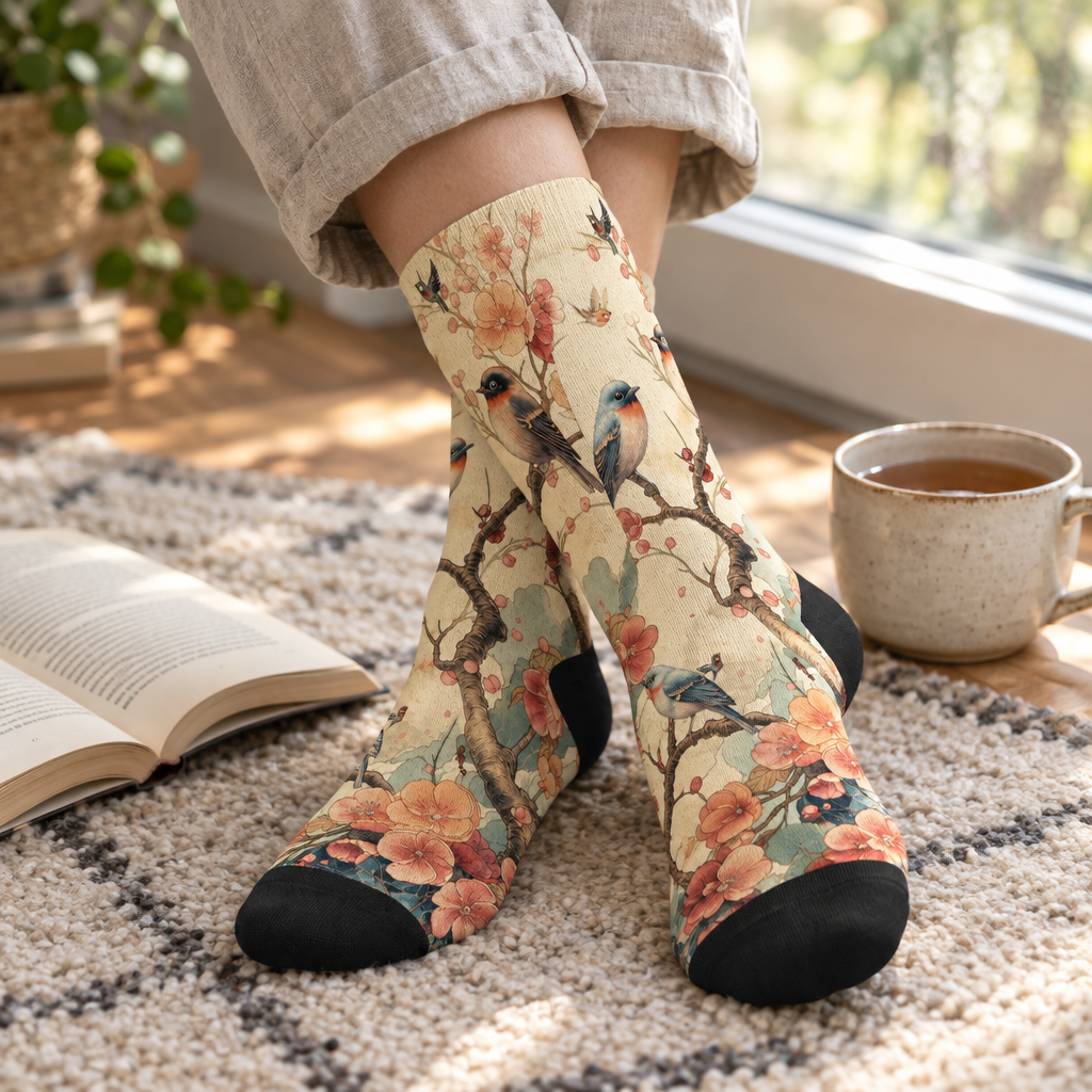 Adult feet in songbird and blossom print crew socks on a wool rug by a window
