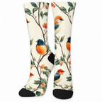 Ivory crew socks printed with orange-breasted songbirds on leafy branches on a white background