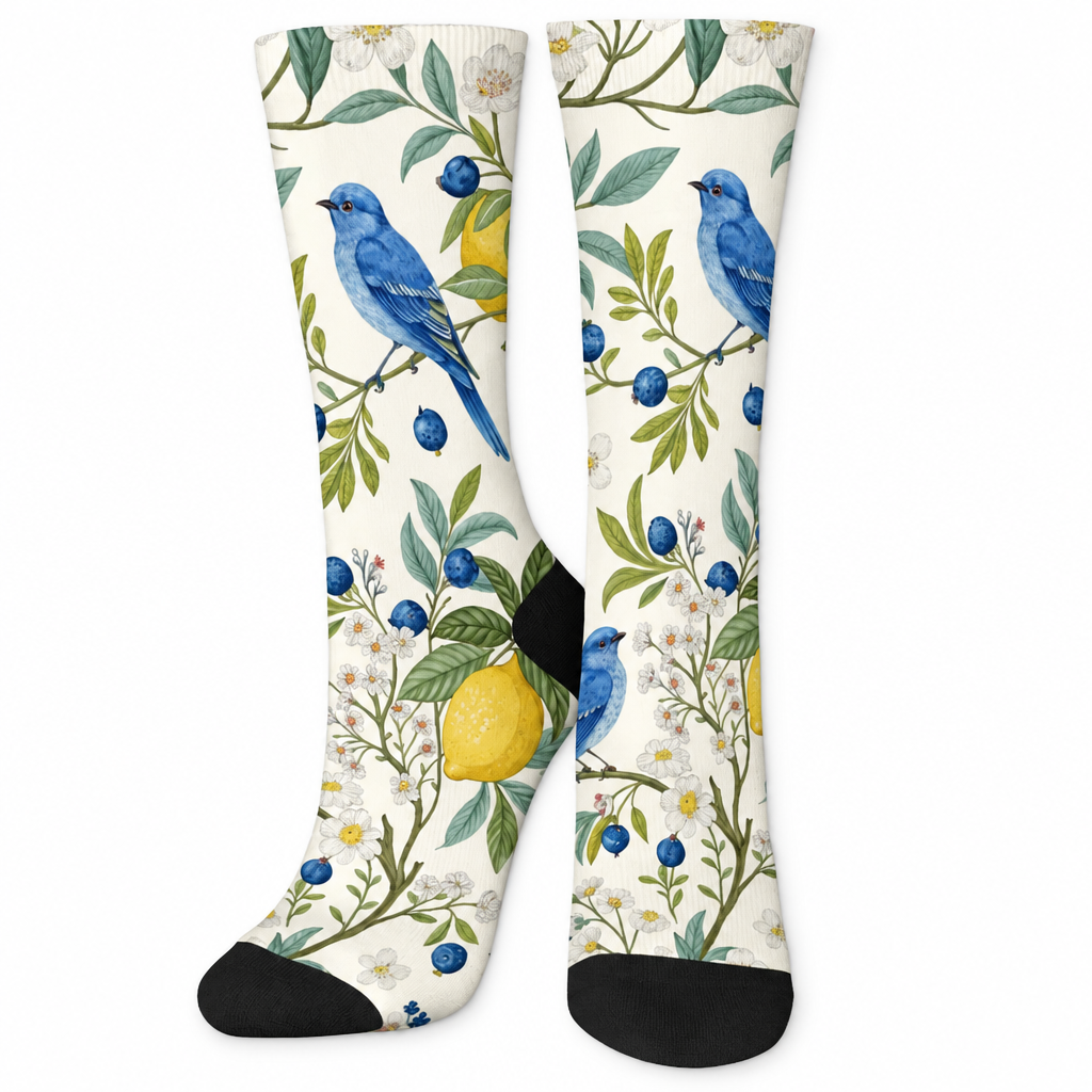Off-white crew socks printed with blue birds and lemons on a white background