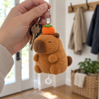 Adult hand holding the wagging capybara keychain with house keys