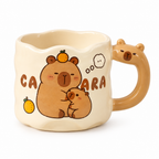 Wavy cream ceramic mug with a capybara holding a little capybara, on a white background