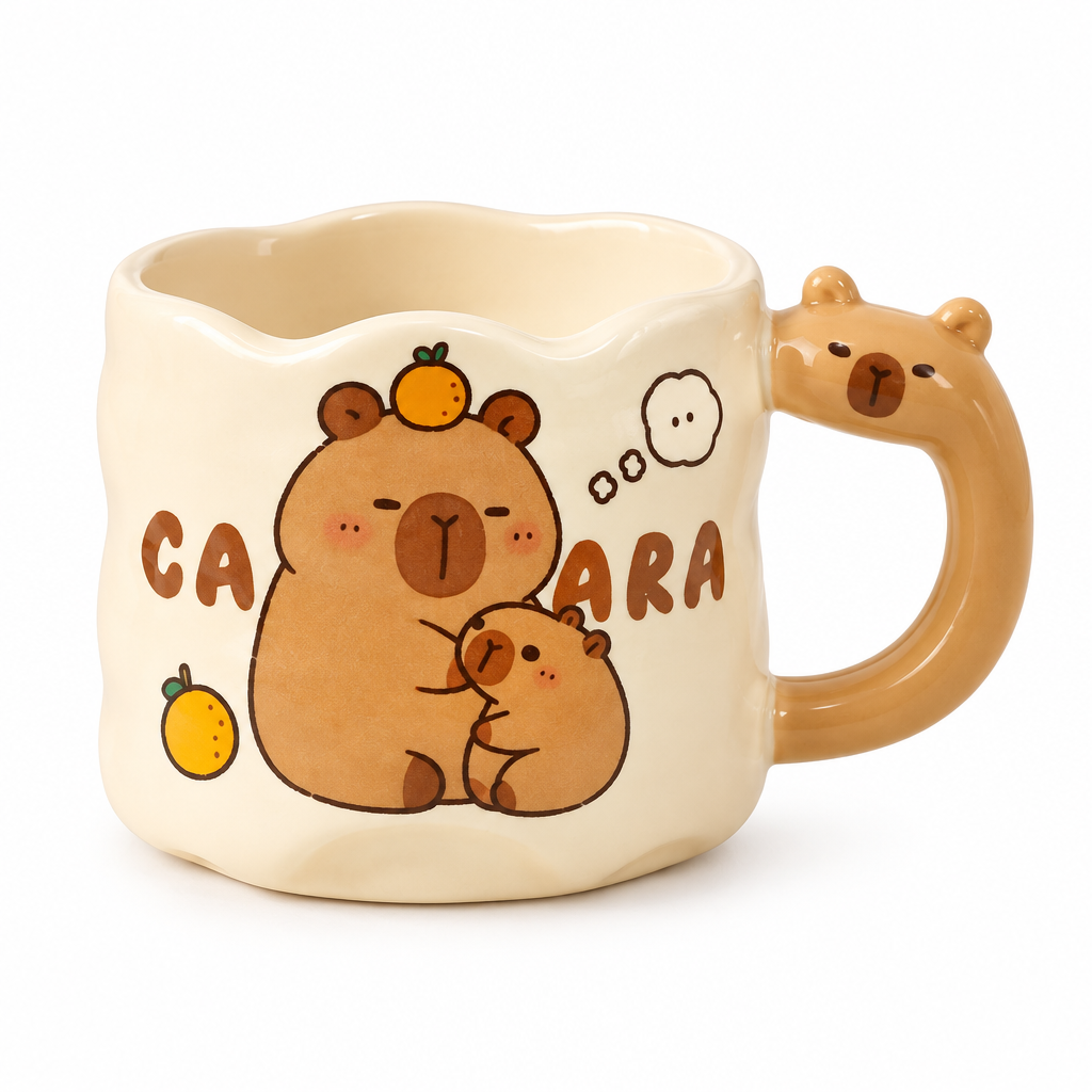 Wavy cream ceramic mug with a capybara holding a little capybara, on a white background