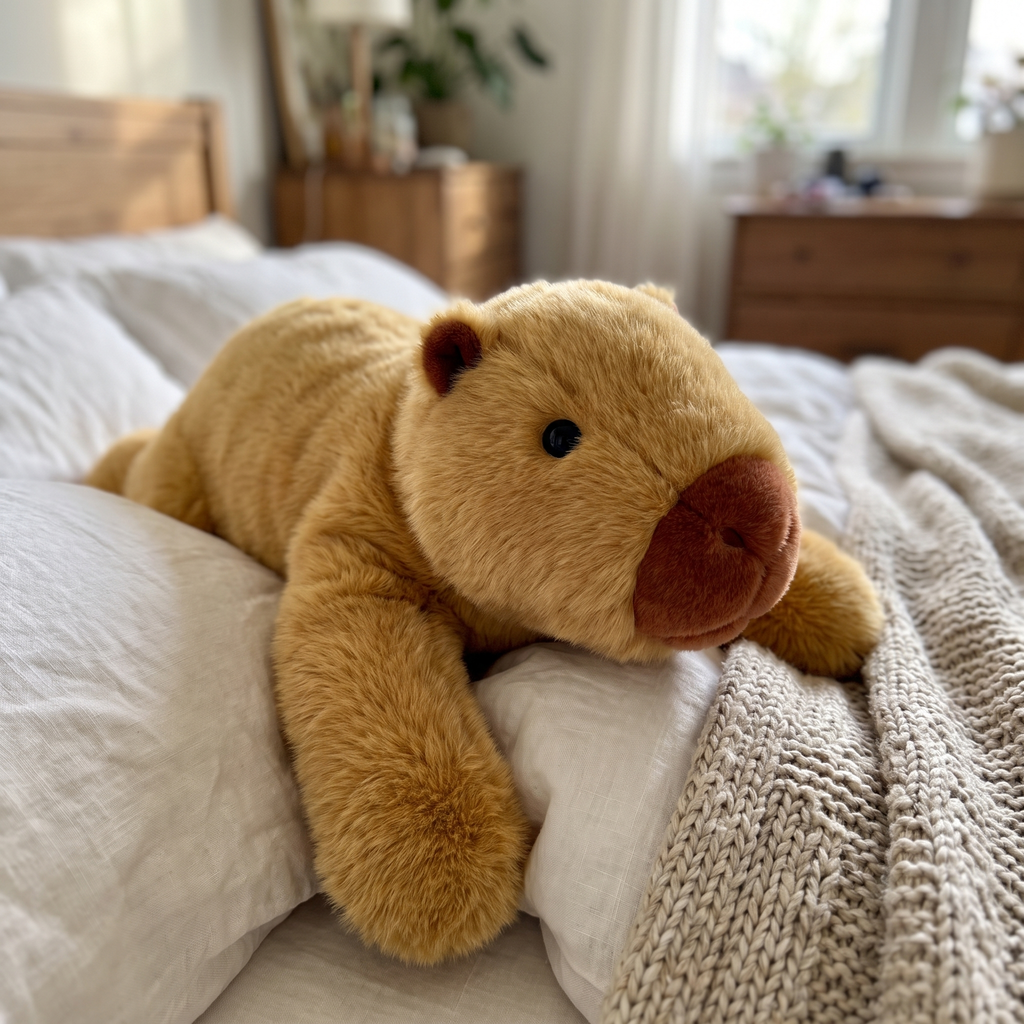 Weighted capybara plush lying on the pillows of a made bed