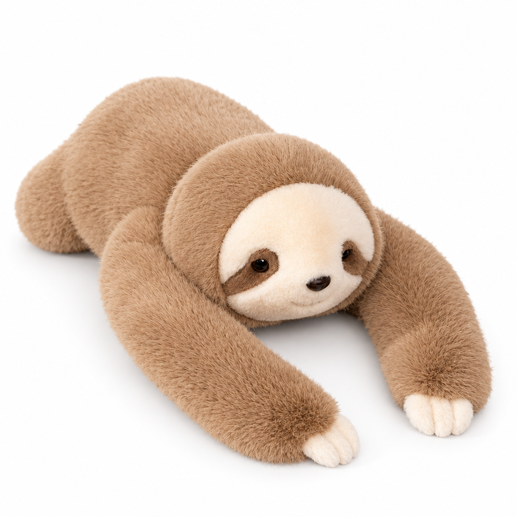 Tan long-arm weighted sloth plush pillow on a white background