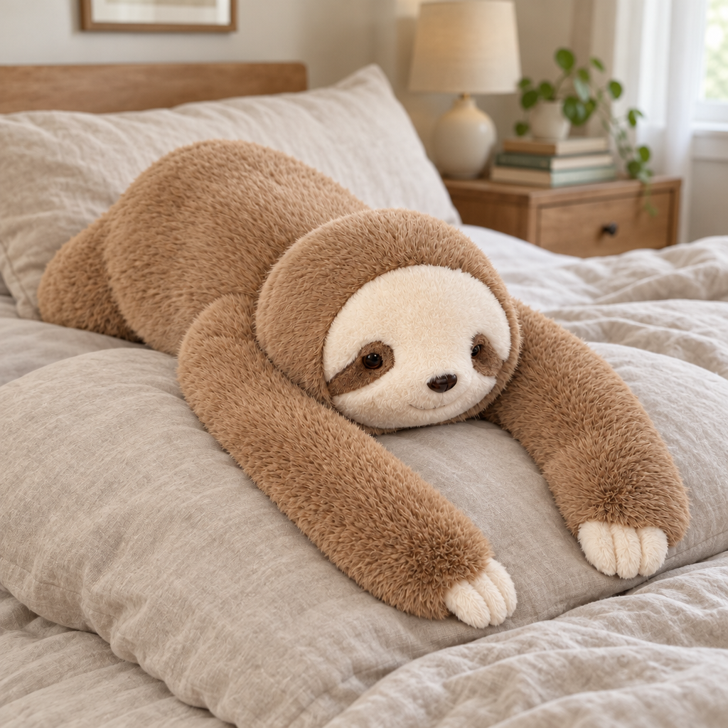 Weighted sloth plush pillow lying across a made bed with its long arms over a pillow