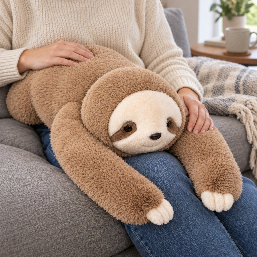 Weighted sloth plush draped across an adult’s lap on a gray sofa
