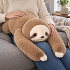 Weighted sloth plush draped across an adult’s lap on a gray sofa