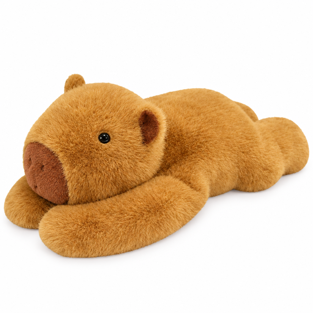 Caramel long-arm weighted capybara plush pillow on a white background