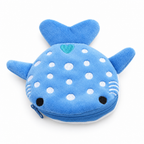 Blue polka-dot whale shark plush coin purse on a white background