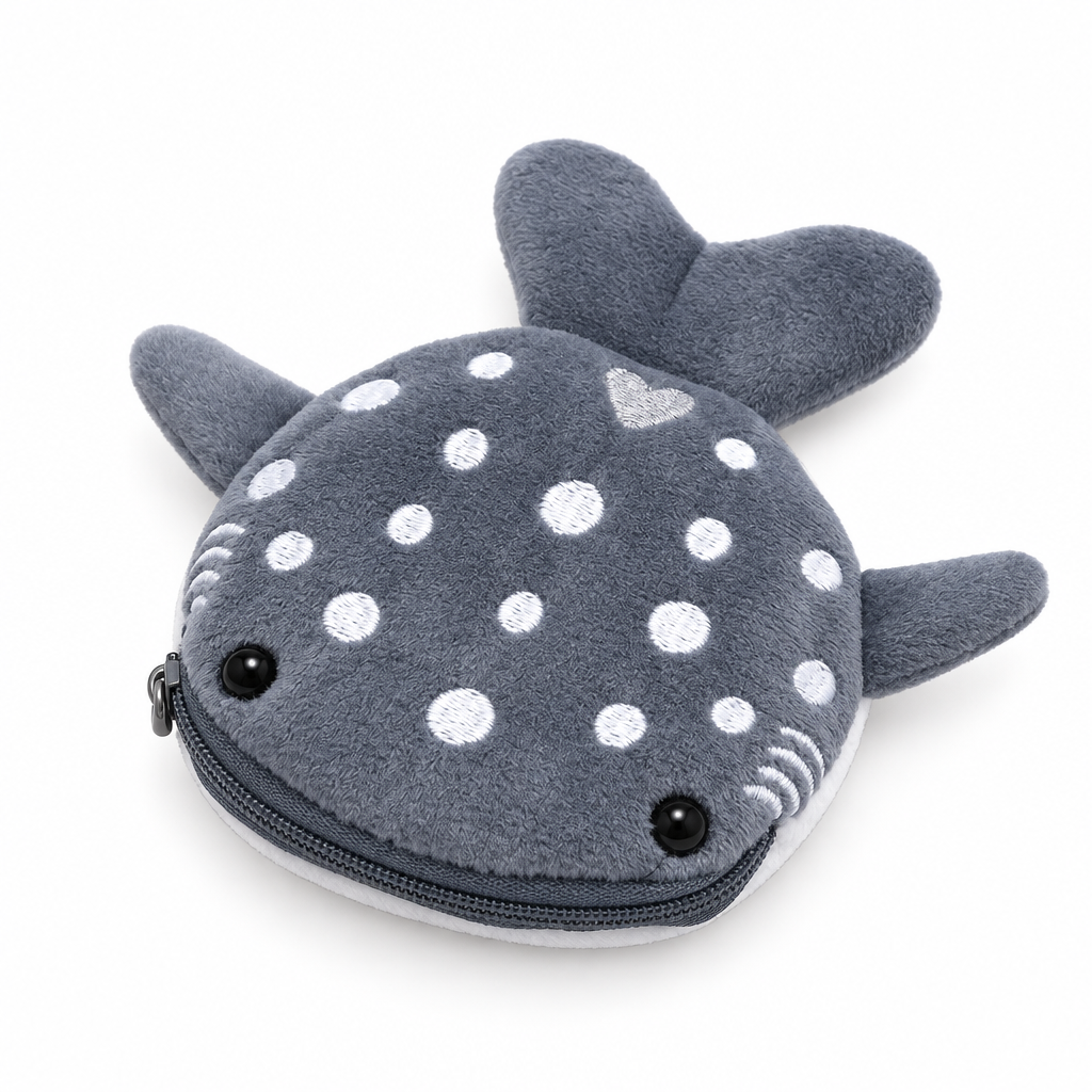 Gray polka-dot whale shark plush coin purse on a white background