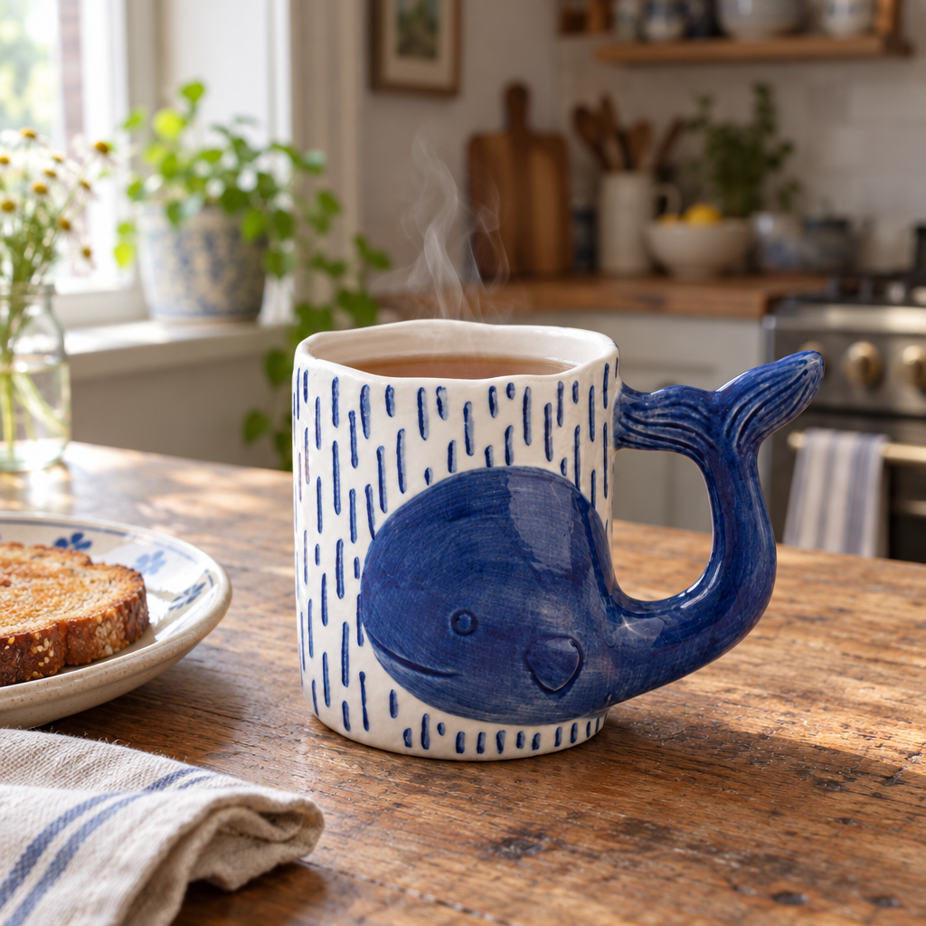 Blue whale tail mug with tea on a wooden kitchen table