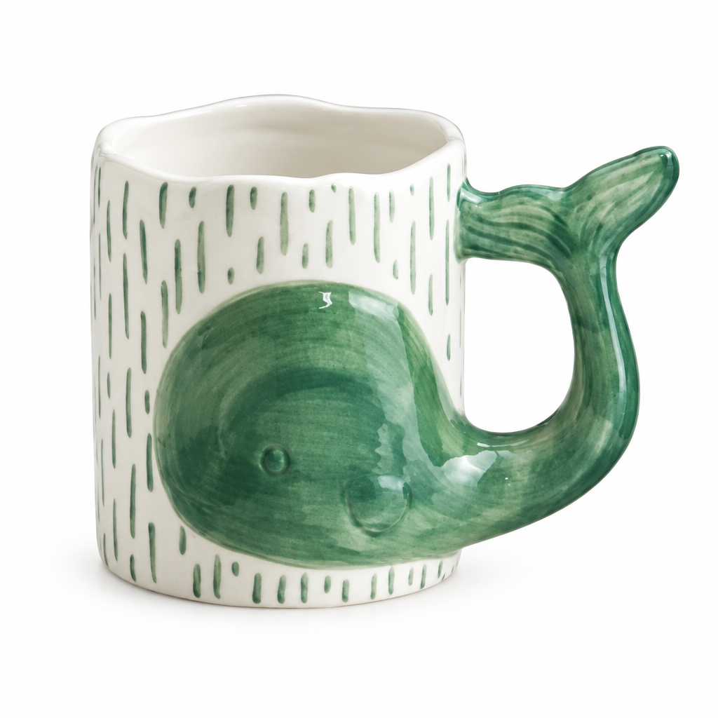 White ceramic mug with a green 3D whale and whale tail handle on a white background