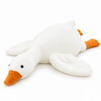 White goose plush lying flat with an orange beak on a white background