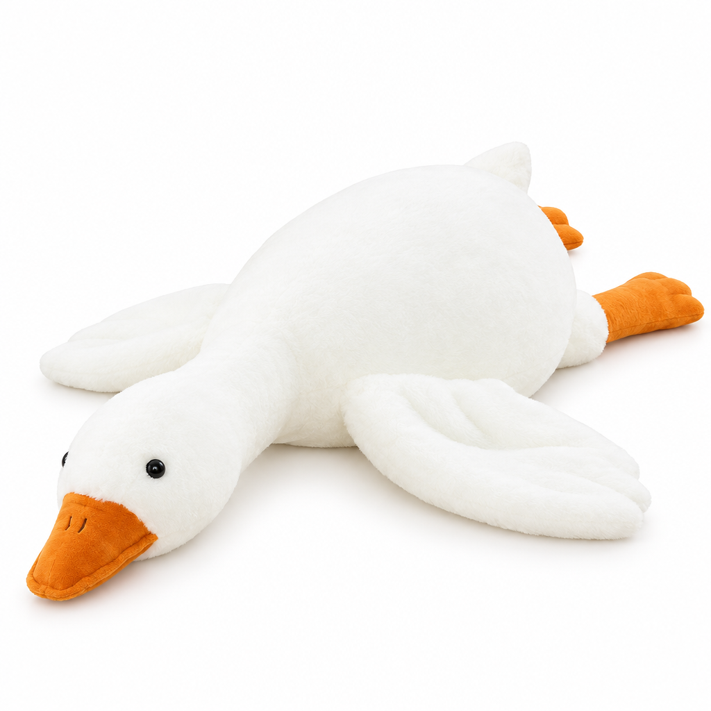 White goose plush lying flat with an orange beak on a white background