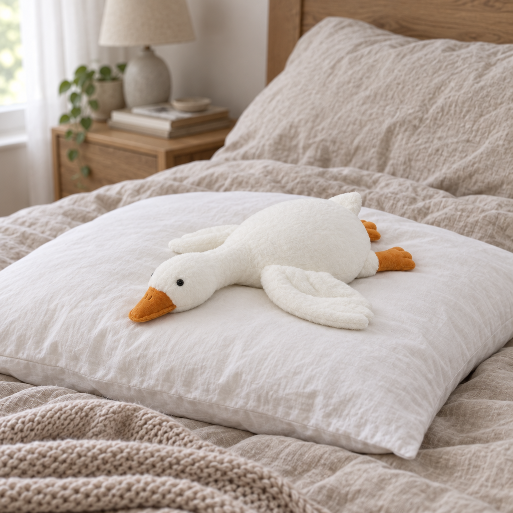 White goose plush lying across a pillow on a made bed